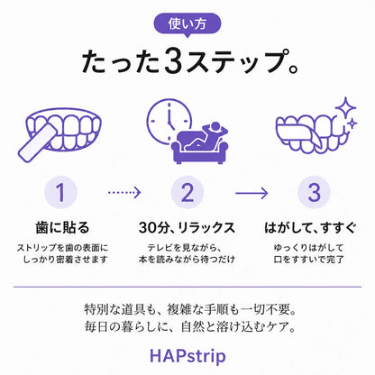 HAPstrip ホワイトニングシート｜過酸化物不使用。歯科医院級の白さを、自宅で・やさしく・30分で。